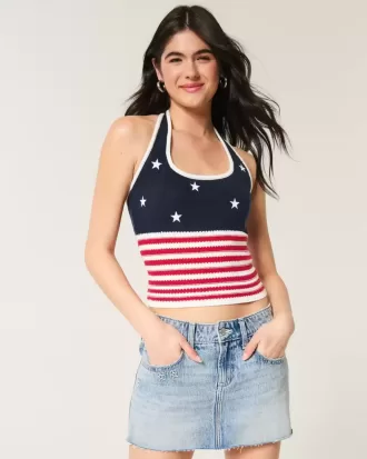 American Flag Pattern Crochet-Style Halter Top
