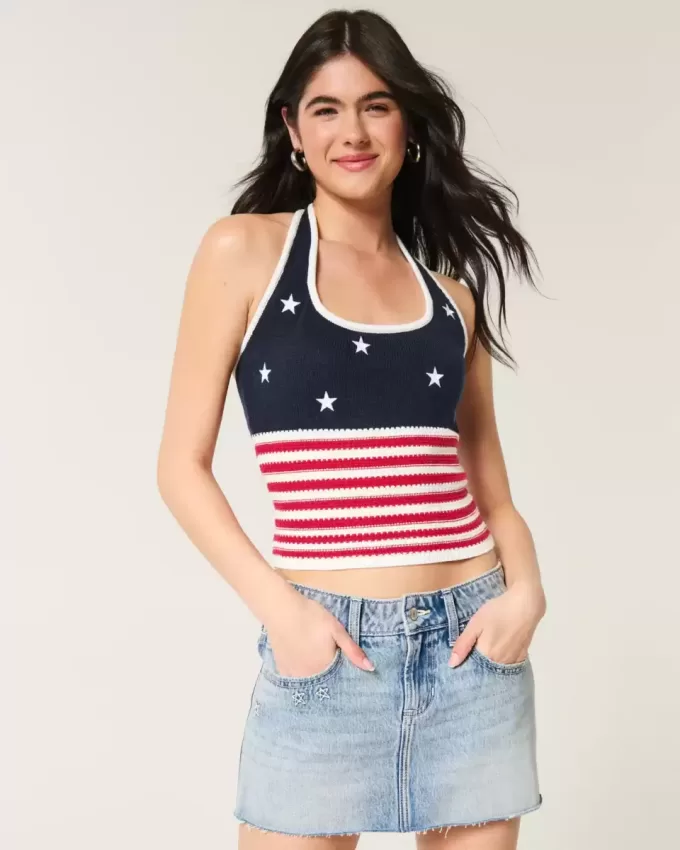 American Flag Pattern Crochet-Style Halter Top