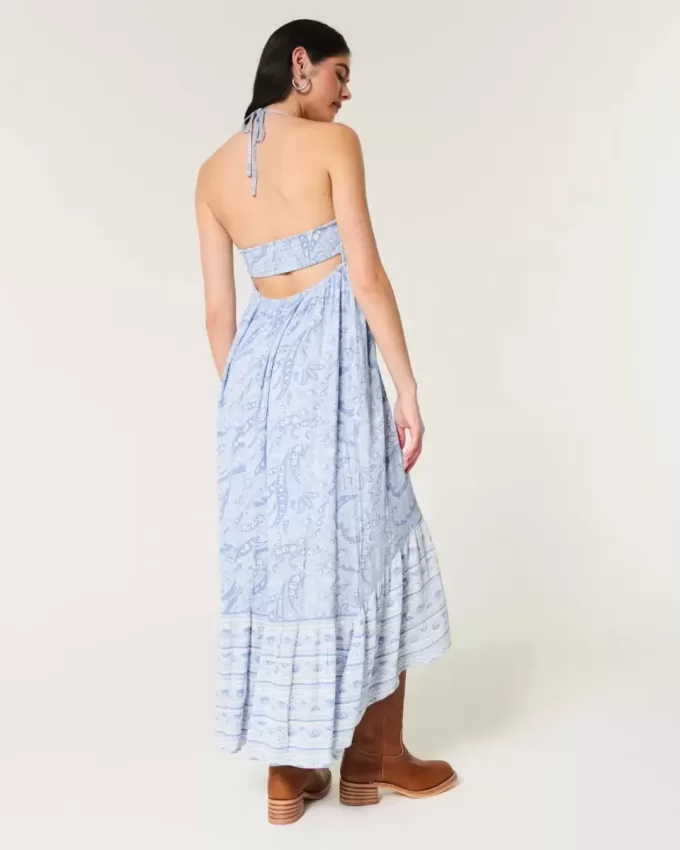 Asymmetrical Hem Halter Maxi Dress