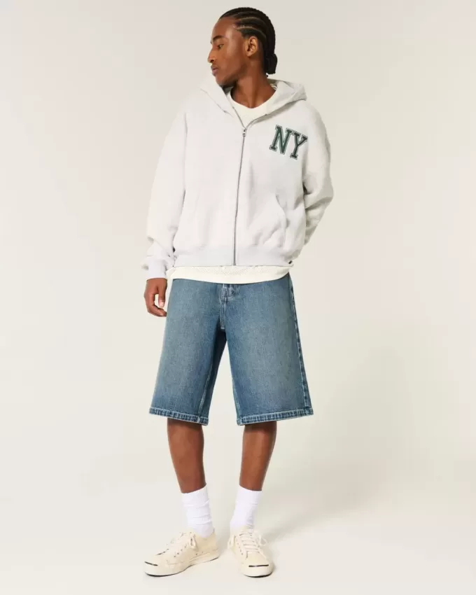 Below-the-Knee Dark Wash Super Baggy Denim Shorts
