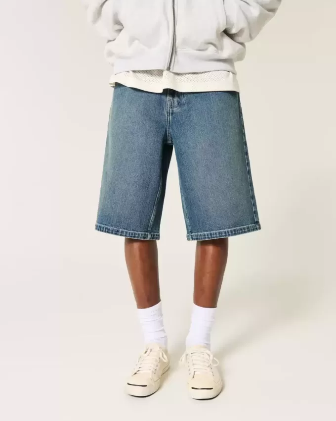 Below-the-Knee Dark Wash Super Baggy Denim Shorts