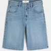 Below-the-Knee Medium Wash Super Baggy Denim Shorts