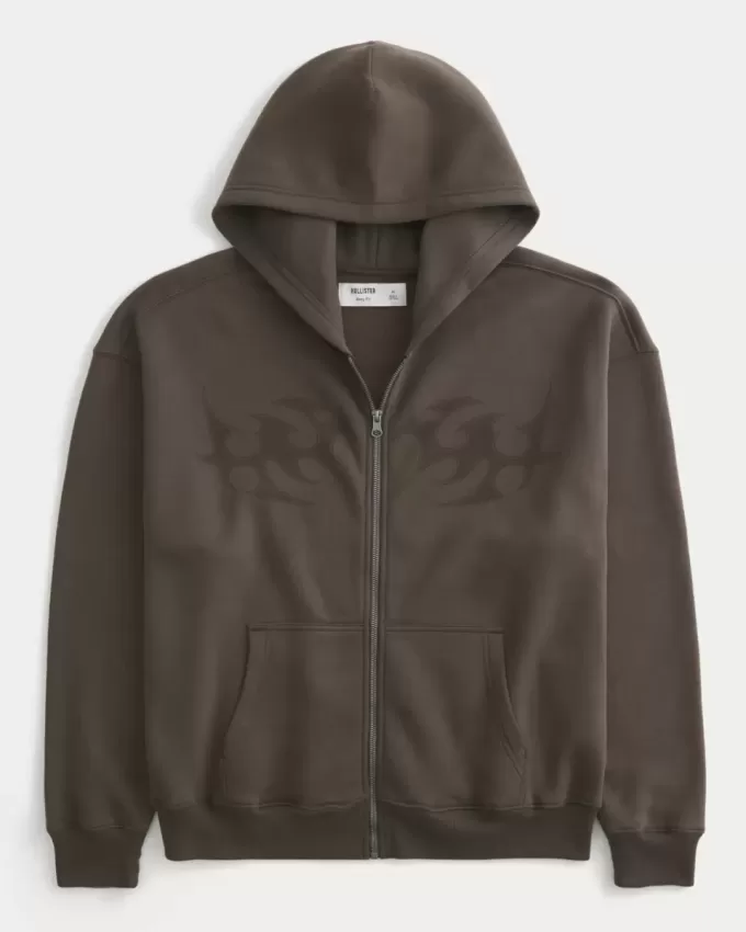 Boxy Flame Graphic Zip-Up Hoodie