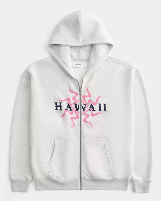 Boxy Hawaii Graphic Zip-Up Hoodie