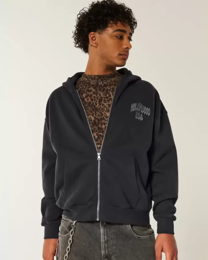 Boxy Hollywood Graphic Zip-Up Hoodie