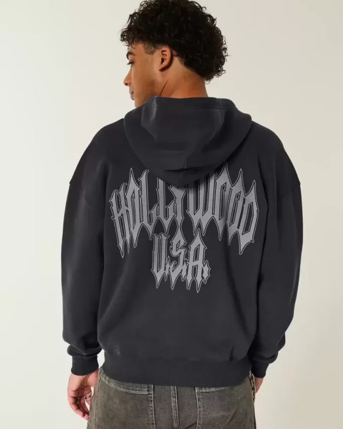 Boxy Hollywood Graphic Zip-Up Hoodie