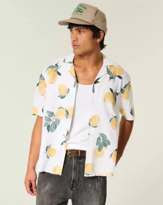 Boxy Linen-Blend Lemon Pattern Shirt