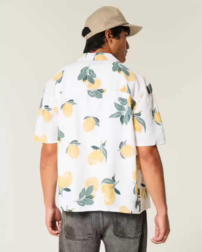 Boxy Linen-Blend Lemon Pattern Shirt