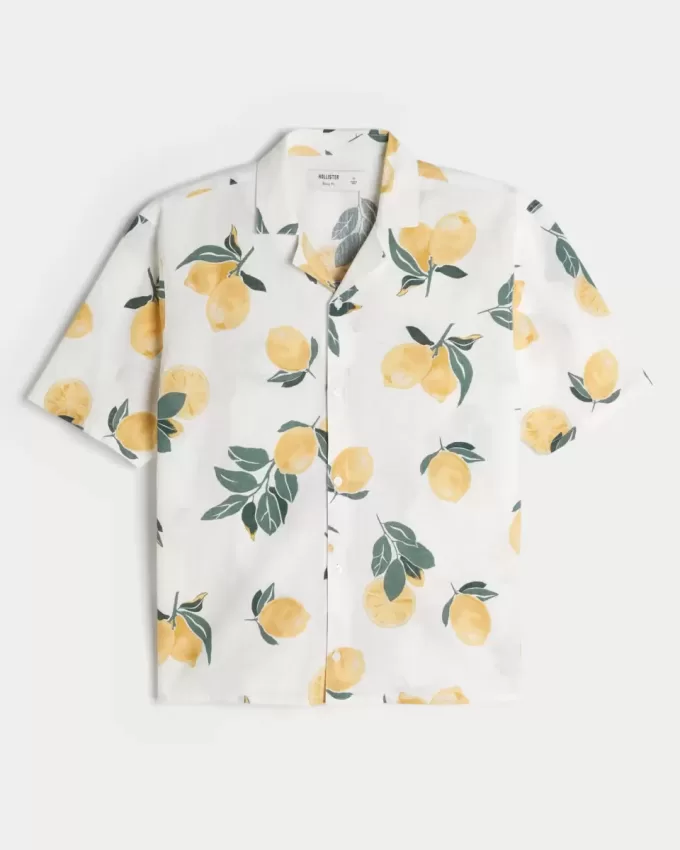 Boxy Linen-Blend Lemon Pattern Shirt