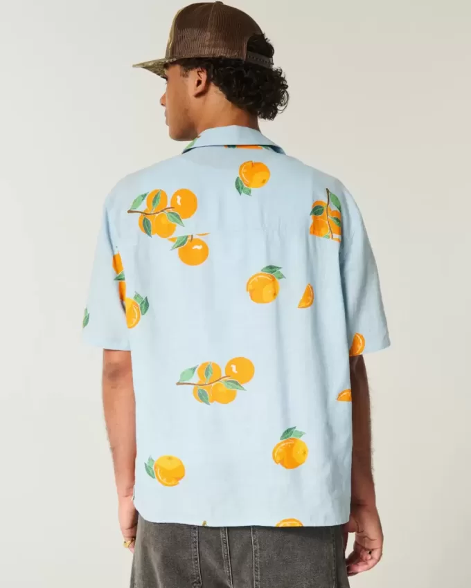 Boxy Linen-Blend Orange Pattern Shirt