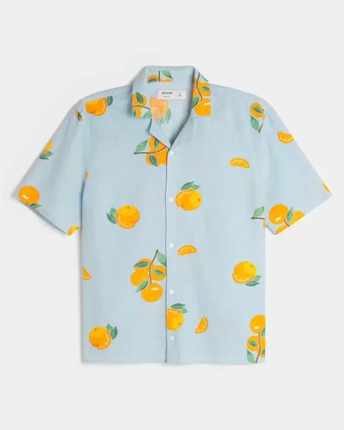 Boxy Linen-Blend Orange Pattern Shirt