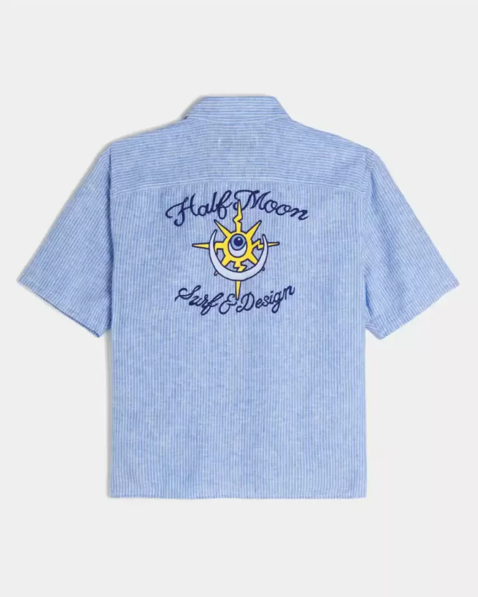 Boxy Linen-Blend Short-Sleeve Half Moon Graphic Shirt