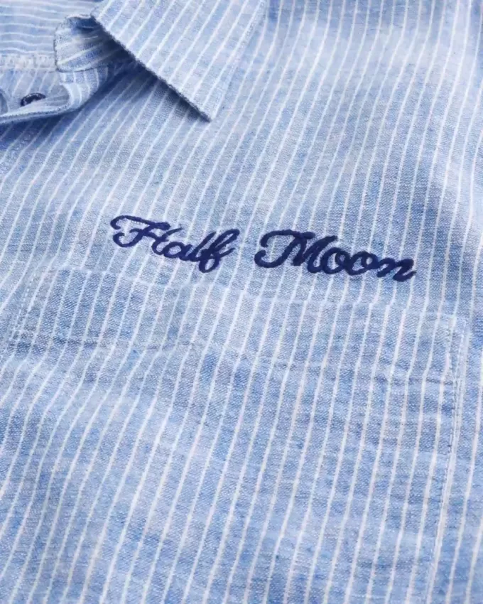 Boxy Linen-Blend Short-Sleeve Half Moon Graphic Shirt