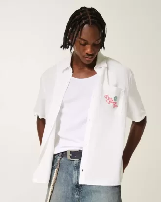 Boxy Linen-Blend Short-Sleeve Pink Flamingo Moon Graphic Shirt