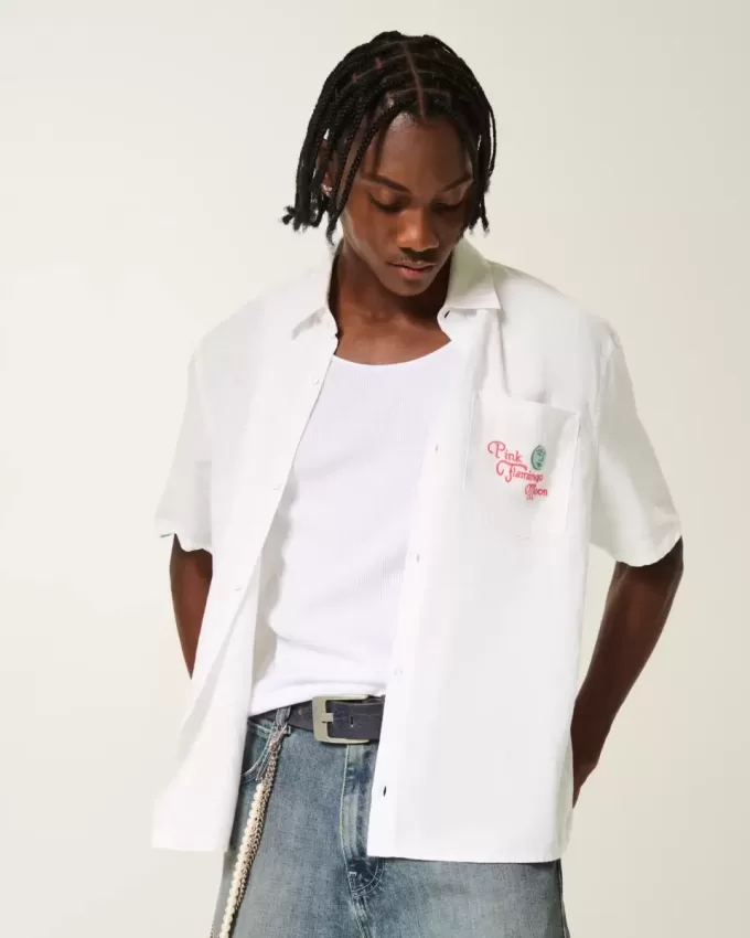 Boxy Linen-Blend Short-Sleeve Pink Flamingo Moon Graphic Shirt