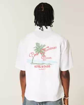 Boxy Linen-Blend Short-Sleeve Pink Flamingo Moon Graphic Shirt