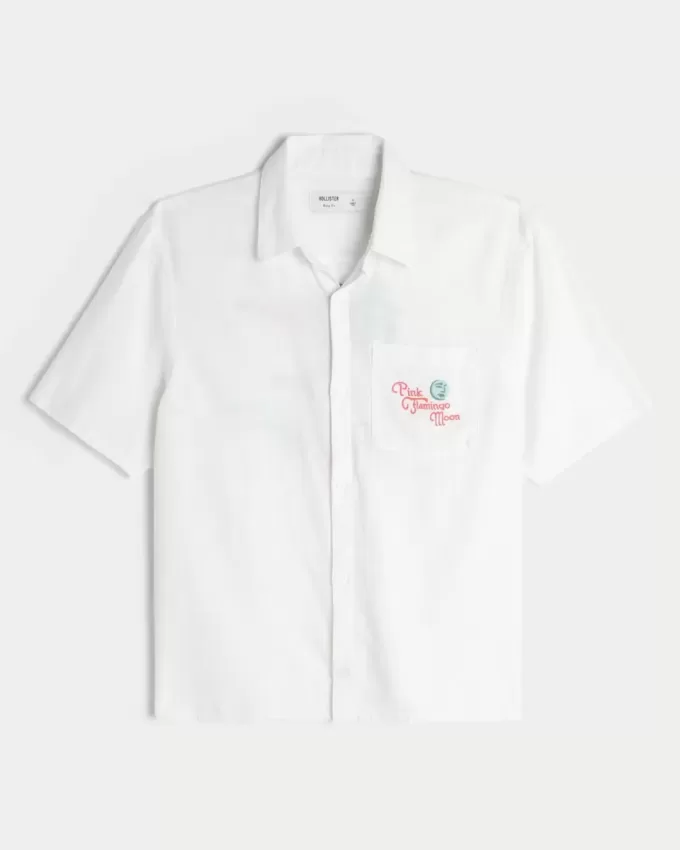 Boxy Linen-Blend Short-Sleeve Pink Flamingo Moon Graphic Shirt