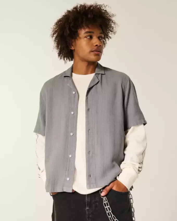 Boxy Linen-Blend Short-Sleeve Textured Shirt