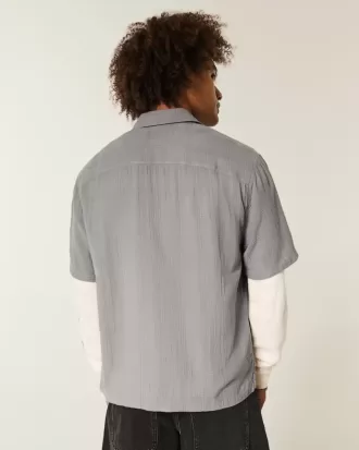 Boxy Linen-Blend Short-Sleeve Textured Shirt