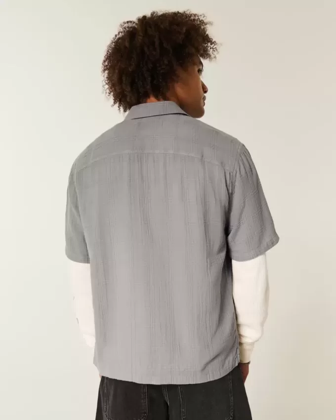 Boxy Linen-Blend Short-Sleeve Textured Shirt