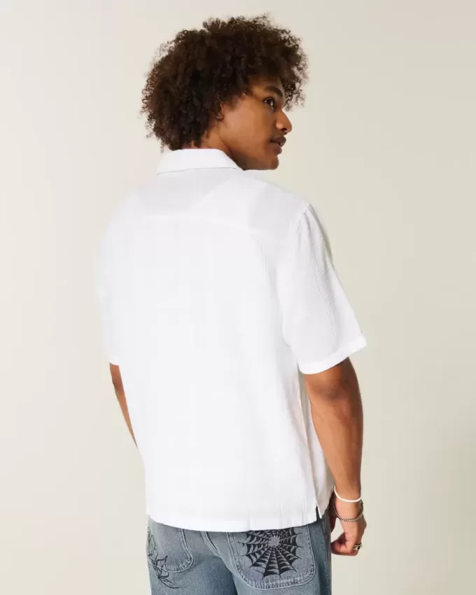 Boxy Linen-Blend Short-Sleeve Textured Shirt