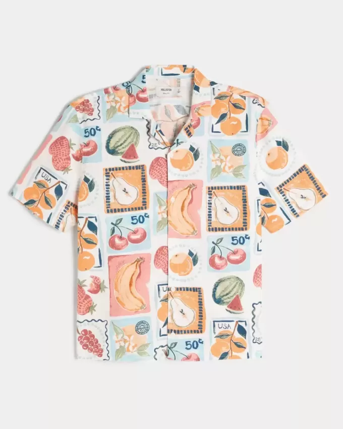 Boxy Linen-Blend Stamp Pattern Shirt