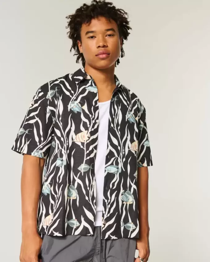 Boxy Tropical Fish Pattern Linen-Blend Shirt