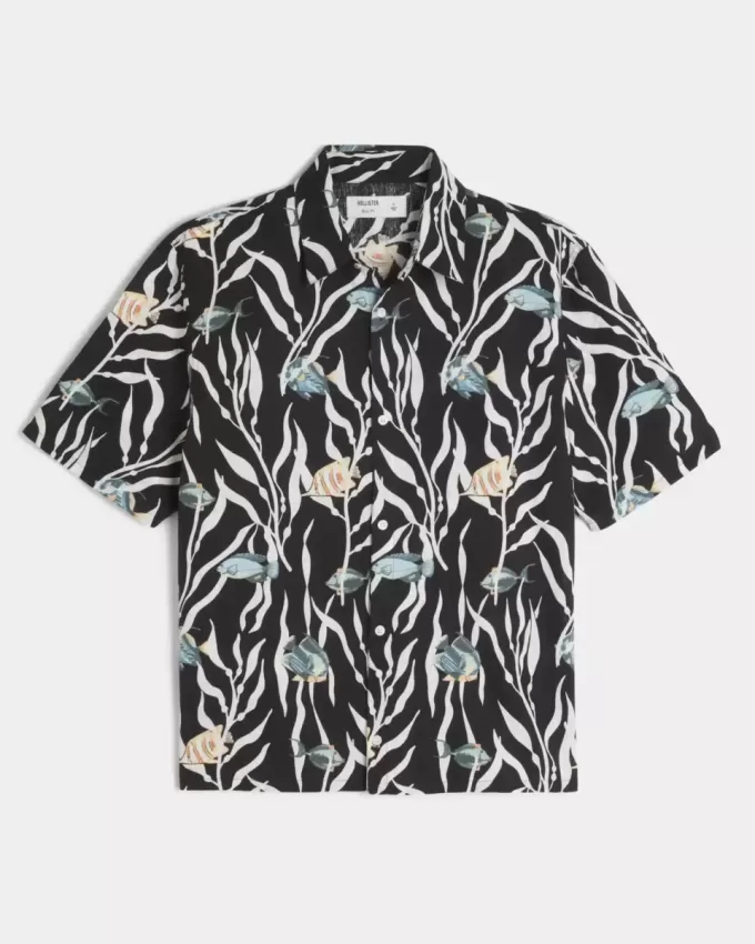 Boxy Tropical Fish Pattern Linen-Blend Shirt