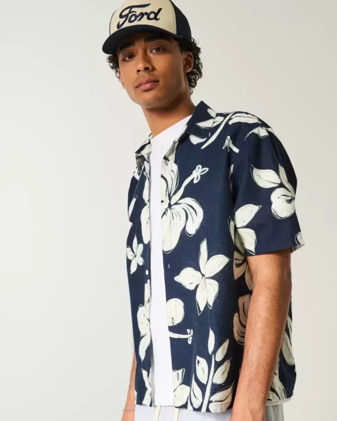 Boxy Tropical Pattern Linen-Blend Shirt