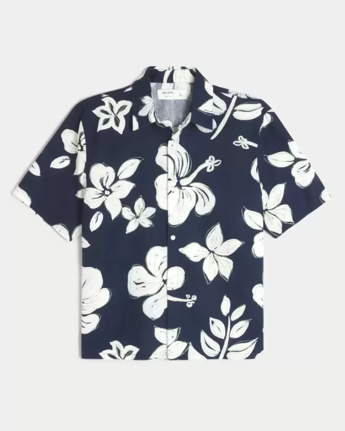 Boxy Tropical Pattern Linen-Blend Shirt