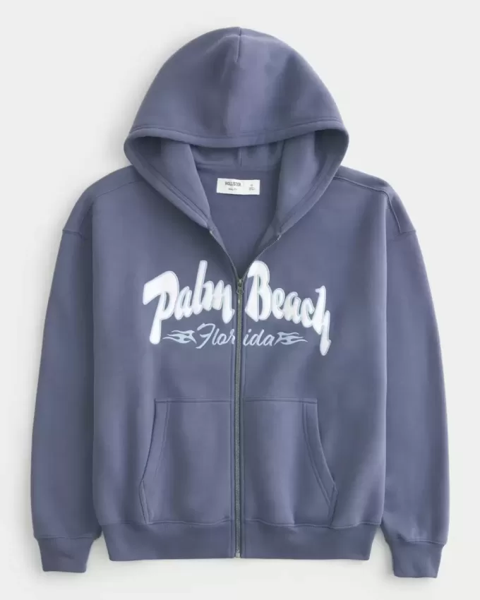 Boxy Zip-Up Palm Beach Graphic Sweatshirt