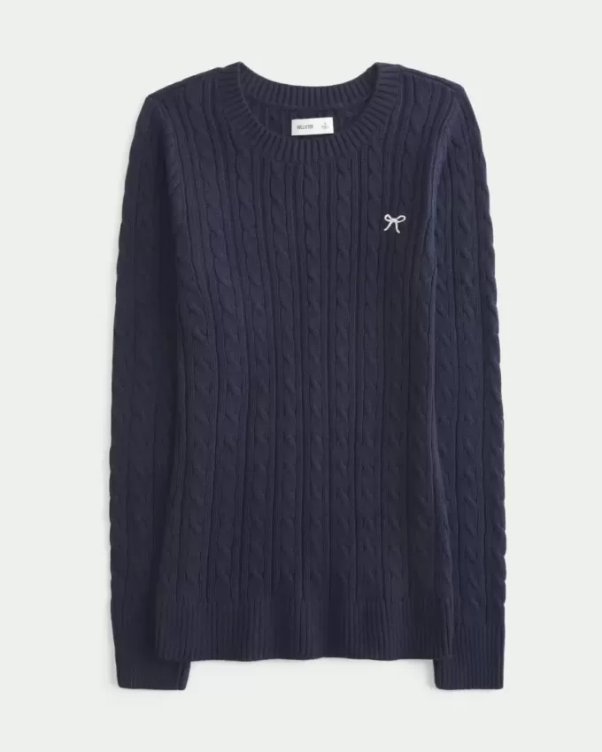 Cable-Knit Bow Crew Sweater