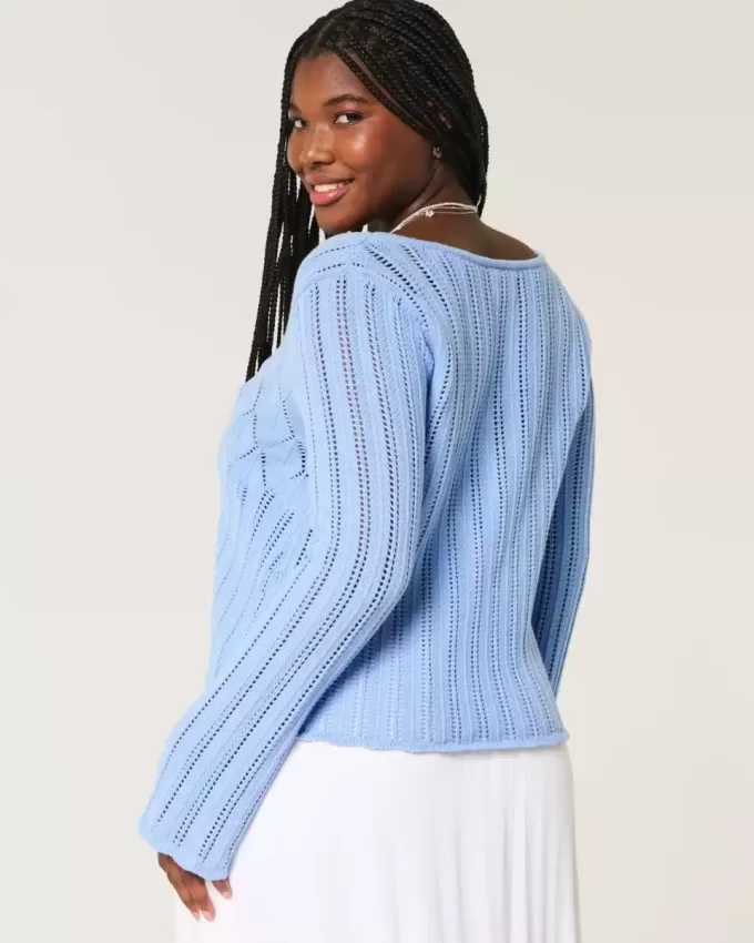 Crochet-Style Tie-Front Textured Sweater
