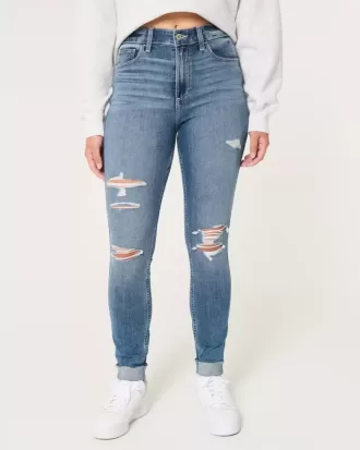 Curvy High-Rise Ripped Medium Wash Super Skinny Jeans