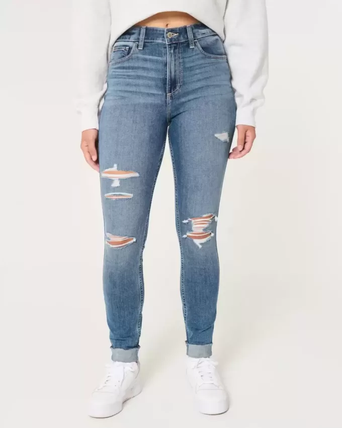 Curvy High-Rise Ripped Medium Wash Super Skinny Jeans