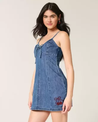 Denim Cherry Graphic Mini Dress