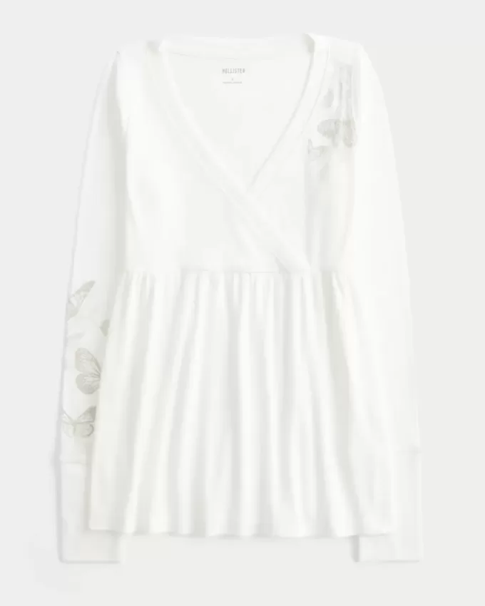 Easy Long-Sleeve Butterfly Pattern Babydoll Top