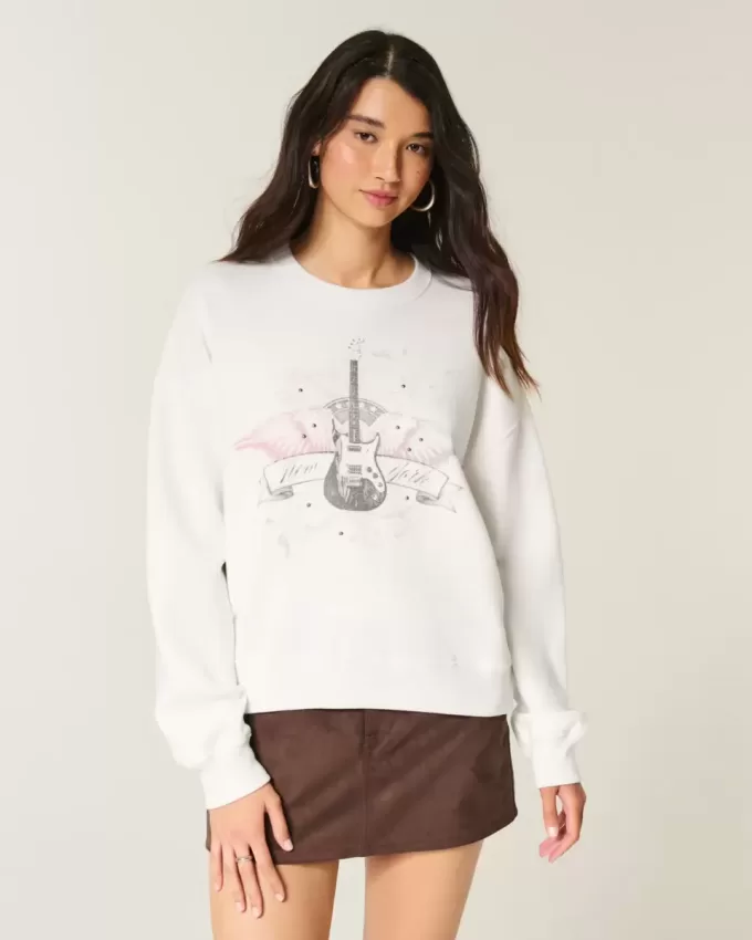 Easy New York Guitar Studded Graphic Crew Sweatshirt