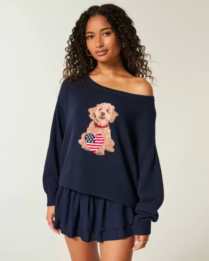 Easy Off-the-Shoulder Dog Graphic Sweater