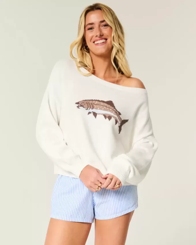 Easy Off-the-Shoulder Fish Graphic Sweater