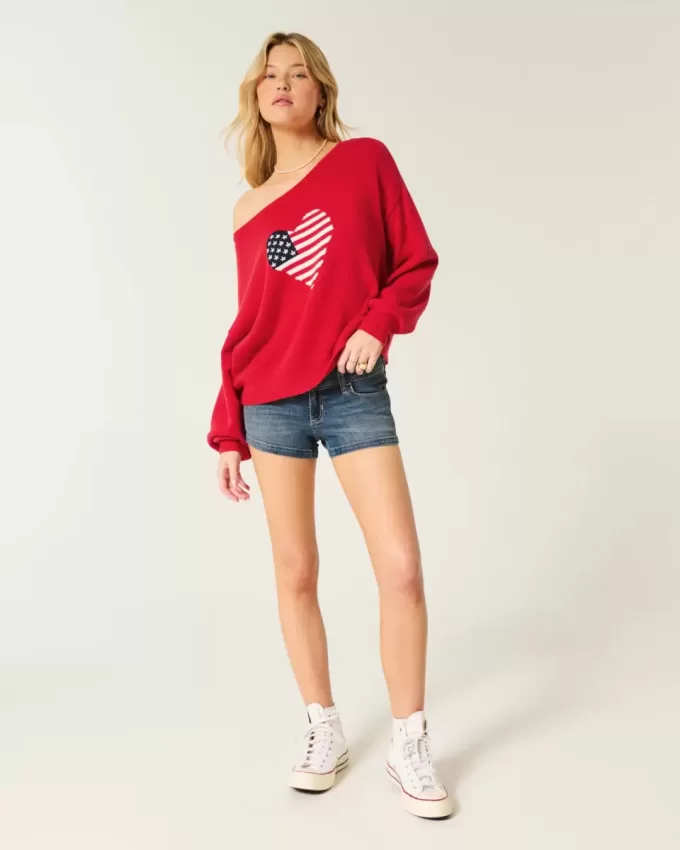 Easy Off-the-Shoulder Heart Flag Graphic Sweater