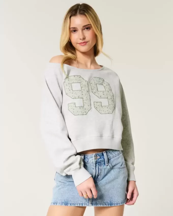 Easy Off-the-Shoulder Number Graphic Crew Sweatshirt