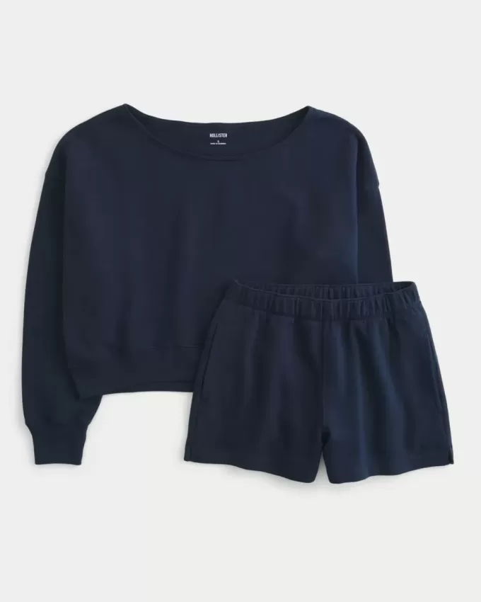 Easy Off-the-Shoulder Sweatshirt & Fleece Shorts Set