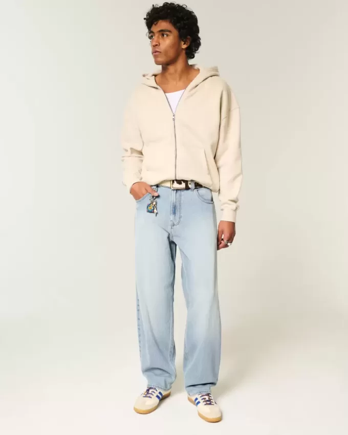 Embroidered Light Wash Skater Baggy Jeans