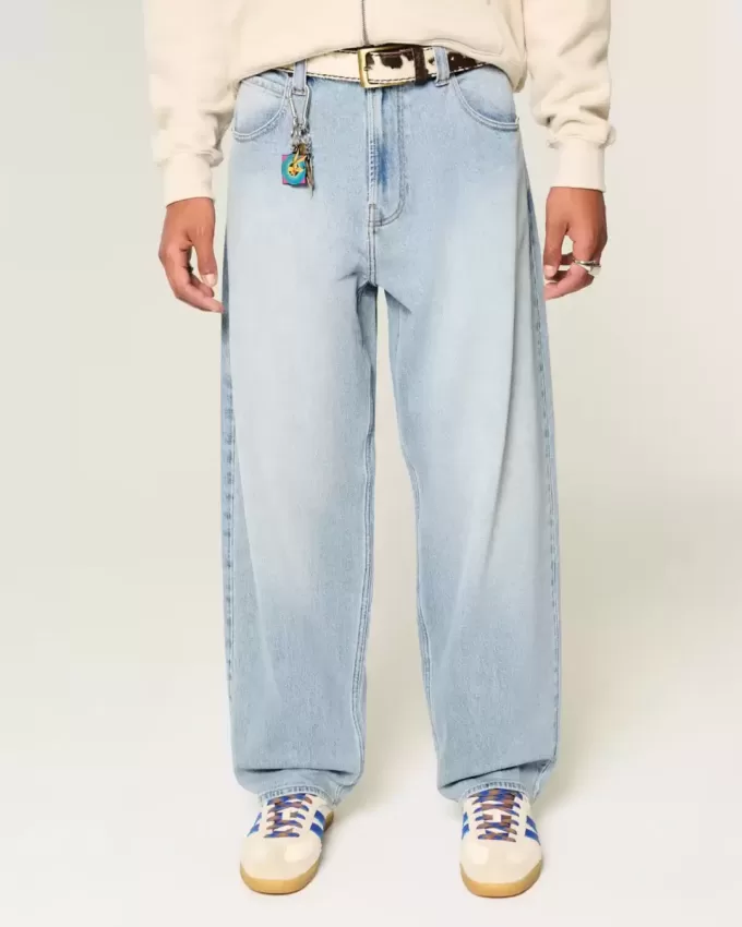 Embroidered Light Wash Skater Baggy Jeans