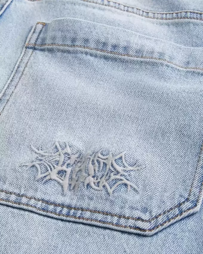 Embroidered Light Wash Skater Baggy Jeans