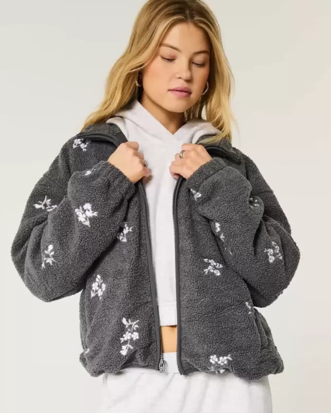 Embroidered Sherpa Fleece Jacket