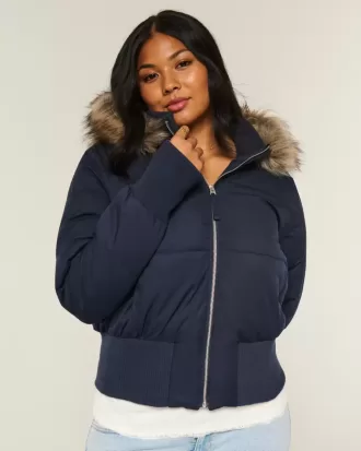 Faux Fur Trim Puffer Bomber Jacket