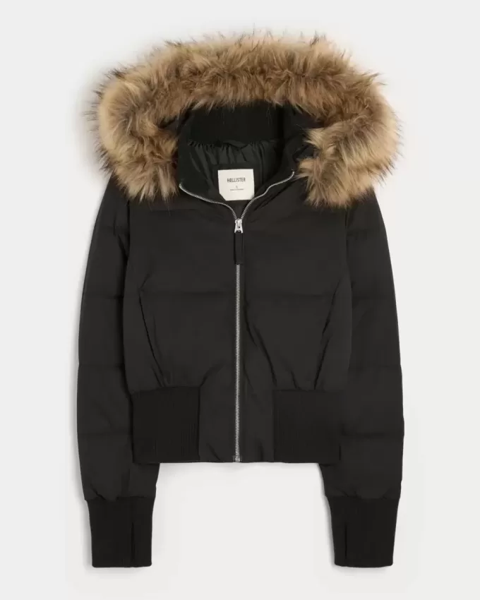 Faux Fur Trim Puffer Bomber Jacket