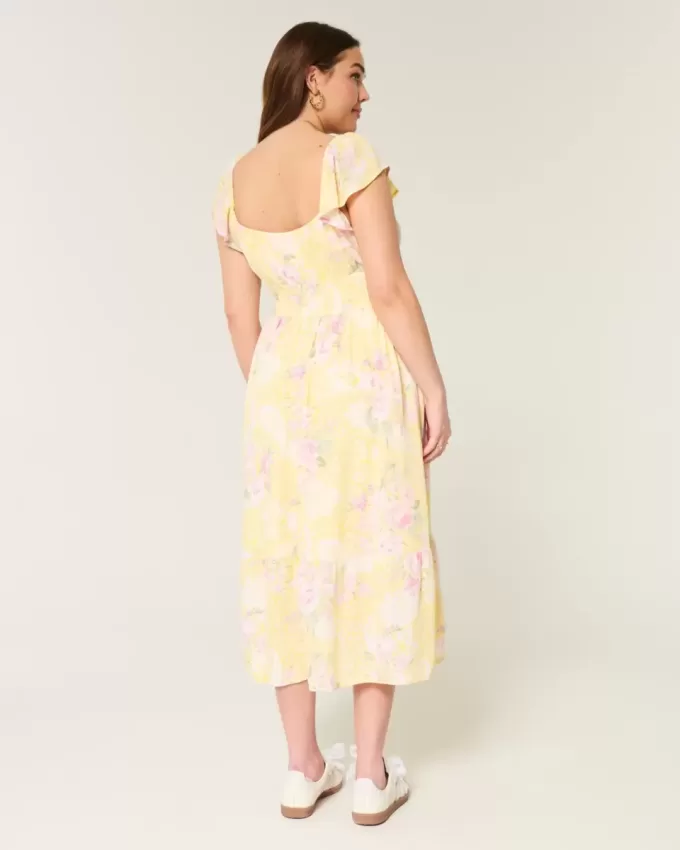 Flutter Sleeve Double-Tie Midi Dress